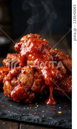 Macro of Spicy Glazed Chicken Wings with Steam and Gloss 138648065