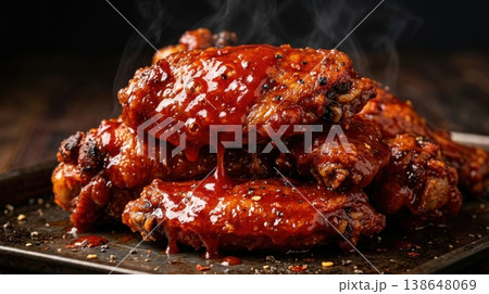 Macro of Spicy Glazed Chicken Wings with Steam and Gloss 138648069