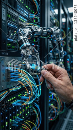 Robotic Arm and Human Hand Splicing Fiber Optic Cables Robotic Arm and Human Hand Splicing Fiber Optic Cables 138648078