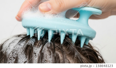 Scalp Massage with Silicone Brush During Hair Washing Routine 138648123