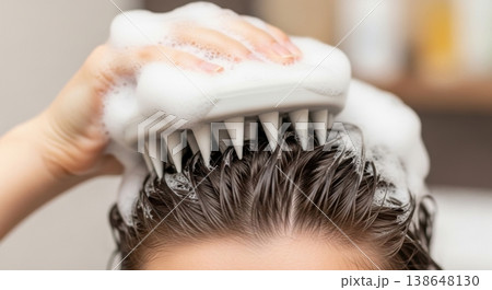 Scalp Massage with Silicone Brush During Hair Washing Routine 138648130