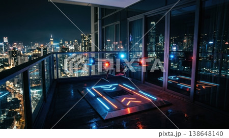 Night Delivery Drone Landing on Glowing Balcony Docking Pad 138648140