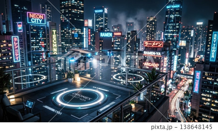 Night Delivery Drone Landing on Glowing Balcony Docking Pad Night Delivery Drone Landing on Glowing Balcony Docking Pad 138648145