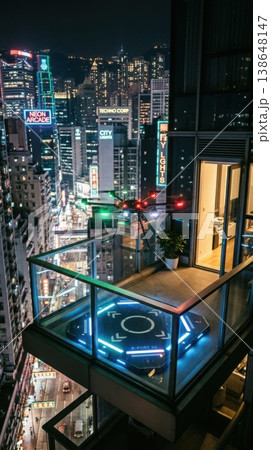 Night Delivery Drone Landing on Glowing Balcony Docking Pad 138648147