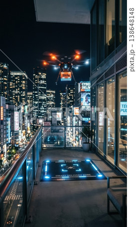 Night Delivery Drone Landing on Glowing Balcony Docking Pad 138648148