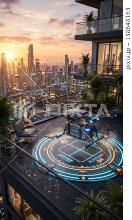 Modern Delivery Drone Landing on Retractable Balcony Port at Sunset 138648163