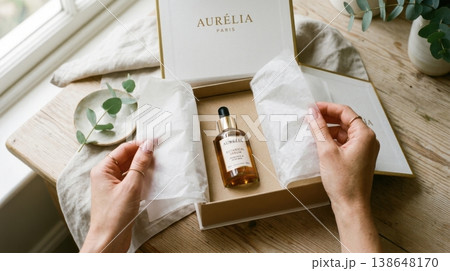 Hands Lifting Delicate Tissue Paper in Luxury Box Reveal 138648170
