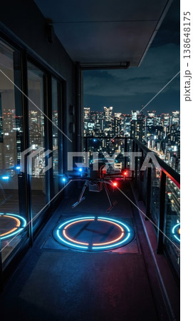 Night Delivery Drone Landing on Glowing Balcony Docking Pad Night Delivery Drone Landing on Glowing Balcony Docking Pad 138648175