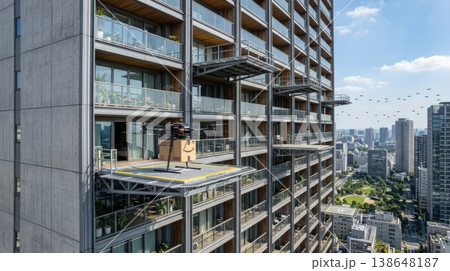 High Rise Building Facade with Integrated Drone Delivery Ports 138648187