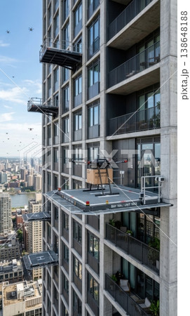 High Rise Building Facade with Integrated Drone Delivery Ports 138648188