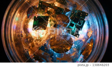 Abstract View of Computer Chips Submerged in Boiling Liquid Abstract View of Computer Chips Submerged in Boiling Liquid 138648203