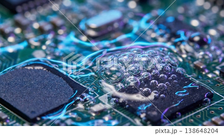 Abstract View of Computer Chips Submerged in Boiling Liquid Abstract View of Computer Chips Submerged in Boiling Liquid 138648204