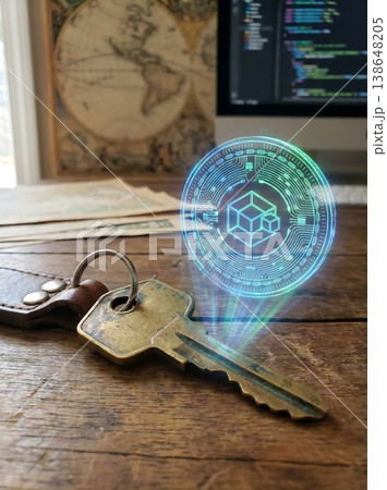 Physical Brass House Key and Glowing Digital Token Physical Brass House Key and Glowing Digital Token 138648205