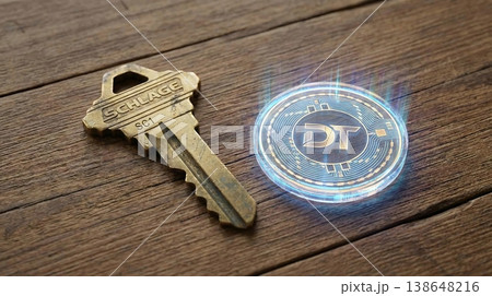 Physical Brass House Key and Glowing Digital Token Physical Brass House Key and Glowing Digital Token 138648216