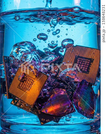 Abstract View of Computer Chips Submerged in Boiling Liquid Abstract View of Computer Chips Submerged in Boiling Liquid 138648231
