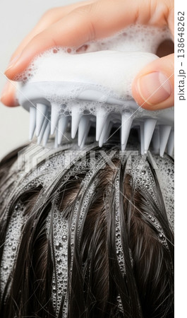 Scalp Massage with Silicone Brush During Hair Washing Routine 138648262
