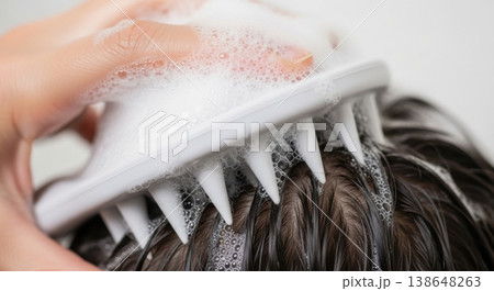 Scalp Massage with Silicone Brush During Hair Washing Routine Scalp Massage with Silicone Brush During Hair Washing Routine 138648263