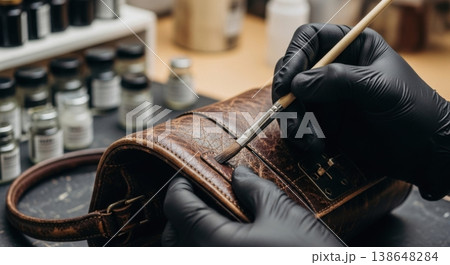 Professional Restoration of Luxury Vintage Leather Bag Edge Professional Restoration of Luxury Vintage Leather Bag Edge 138648284