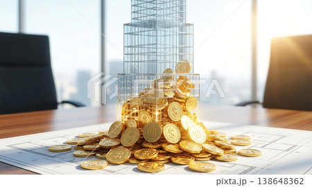 Glass Building Model Transforming Into Gold Tokens Glass Building Model Transforming Into Gold Tokens 138648362
