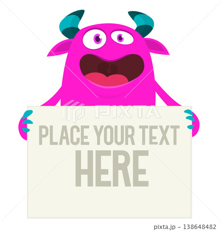 Catoon funny monster character holds banner paper sign for advertisement. Halloween illustration 138648482