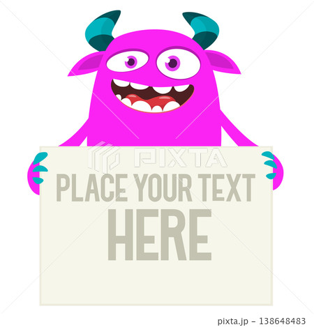 Catoon funny monster character holds banner paper sign for advertisement. Halloween illustration Catoon funny monster character holds banner paper sign for advertisement. Halloween illustration 138648483