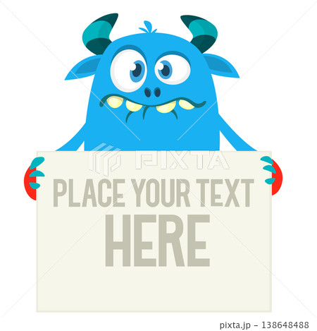 Catoon funny monster character holds banner paper sign for advertisement. Halloween illustration Catoon funny monster character holds banner paper sign for advertisement. Halloween illustration 138648488