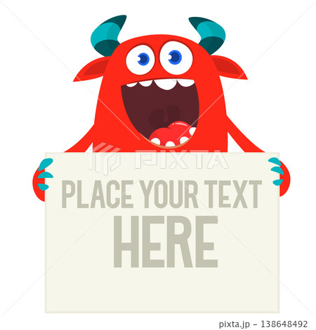 Catoon funny monster character holds banner paper sign for advertisement. Halloween illustration 138648492
