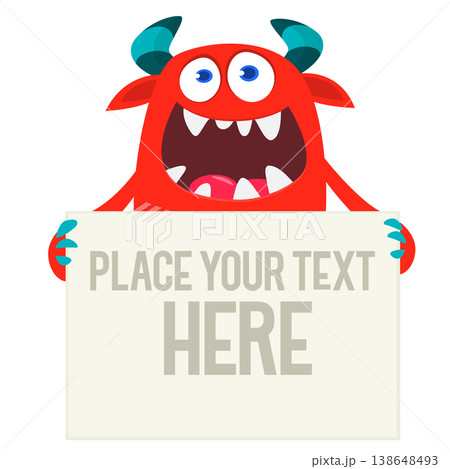 Catoon funny monster character holds banner paper sign for advertisement. Halloween illustration Catoon funny monster character holds banner paper sign for advertisement. Halloween illustration 138648493