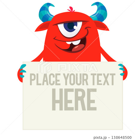 Catoon funny monster character holds banner paper sign for advertisement. Halloween illustration Catoon funny monster character holds banner paper sign for advertisement. Halloween illustration 138648500