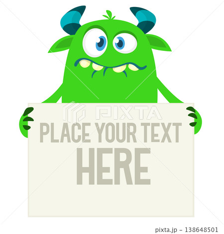 Catoon funny monster character holds banner paper sign for advertisement. Halloween illustration Catoon funny monster character holds banner paper sign for advertisement. Halloween illustration 138648501