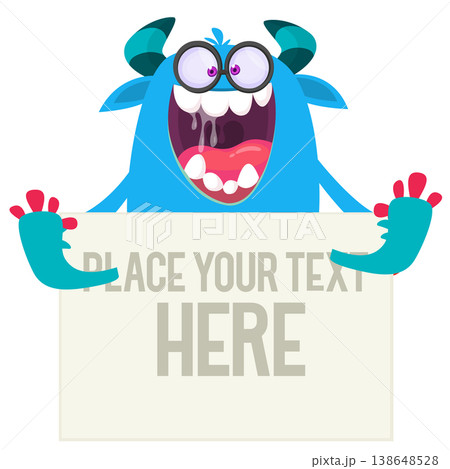 Catoon funny monster character holds banner paper sign for advertisement. Halloween illustration Catoon funny monster character holds banner paper sign for advertisement. Halloween illustration 138648528