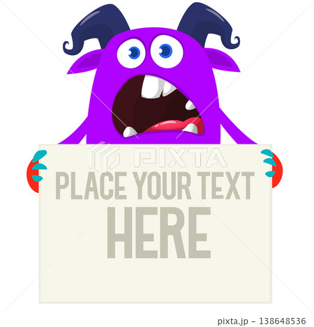 Catoon funny monster character holds banner paper sign for advertisement. Halloween illustration Catoon funny monster character holds banner paper sign for advertisement. Halloween illustration 138648536