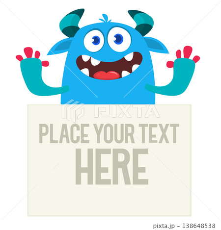 Catoon funny monster character holds banner paper sign for advertisement. Halloween illustration Catoon funny monster character holds banner paper sign for advertisement. Halloween illustration 138648538