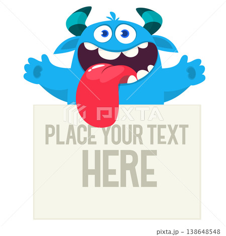 Catoon funny monster character holds banner paper sign for advertisement. Halloween illustration Catoon funny monster character holds banner paper sign for advertisement. Halloween illustration 138648548