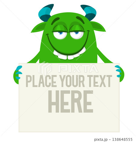 Catoon monster holding black sign with sample message on it Catoon monster holding black sign with sample message on it 138648555