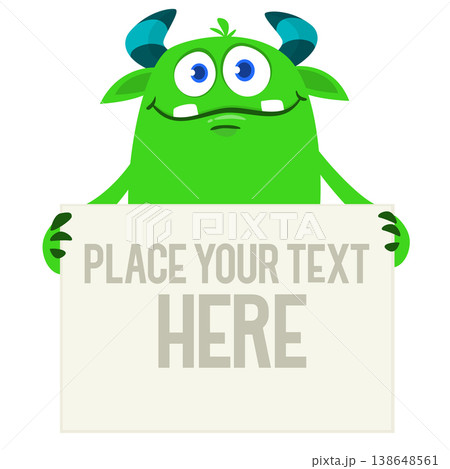 Funny cartoon monster or alien holding empty sheet, banner or sign board for text Funny cartoon monster or alien holding empty sheet, banner or sign board for text 138648561