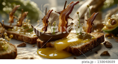 Delicious brunch presentation. Gourmet breakfast featuring crispy bacon and vibrant garnishes 138648689