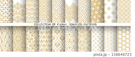 Geometric floral set of seamless patterns. White and golden vector backgrounds. Damask graphic ornaments 138648723