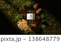 Cedar nut oil sits in a clear glass bottle at the center. Whole cedar cones and pine nuts circle around the bottle on green grass. Natural textures and shapes create a simple arrangement. 138648779