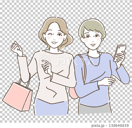 買い物をしながらスマートフォンを見る若々しいミドル・シニア女性二人組 買い物をしながらスマートフォンを見る若々しいミドル・シニア女性二人組 138648839