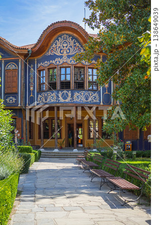 Ethnographic Museum Plovdiv. Traditional Bulgarian building with ornate facade, wooden balcony, painted walls. Bulgarian heritage architecture, cultural design, travel destination 138649039