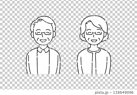 A simple line drawing of a smiling senior couple wearing glasses, their eyes smiling too. A simple line drawing of a smiling senior couple wearing glasses, their eyes smiling too. 138649096
