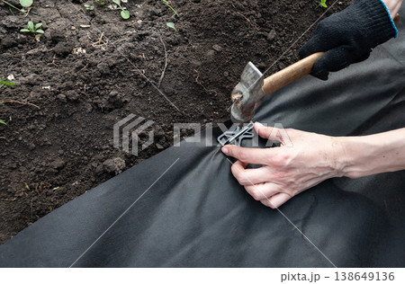 A person wearing boots and gloves is kneeling on the ground on a flower bed installing black weed fabric A person wearing boots and gloves is kneeling on the ground on a flower bed installing black weed fabric 138649136