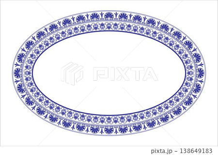 Blue oval plate with floral pattern. Oval floral european pattern frame arabesque. Vintage, ethnic vector frame with arabesque greek pattern. For textile, embroidery, ceramic, porcelain, plate, dish Blue oval plate with floral pattern. Oval floral european pattern frame arabesque. Vintage, ethnic vector frame with arabesque greek pattern. For textile, embroidery, ceramic, porcelain, plate, dish 138649183