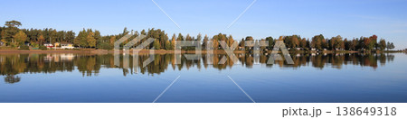Colorful trees in Vita Sannar mirroring in Lake Vanern, Sweden. 138649318