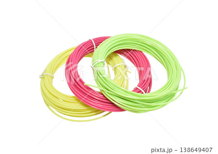 Plastic for 3D pen in green, red and yellow colors. Plastic for 3D pen in green, red and yellow colors. 138649407