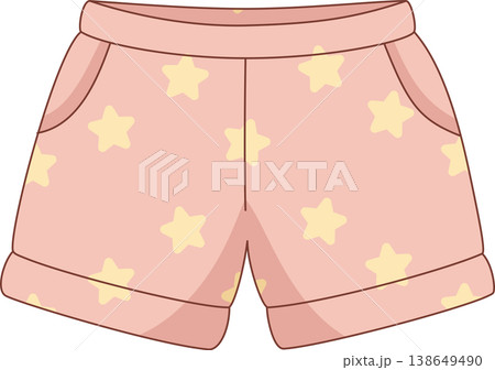 Cute Pink Pajama Shorts with Yellow Star Pattern Illustration, Sweet Sleepwear Trousers for Women and Girls Lounge, Comfort Apparel Isolated Cute Pink Pajama Shorts with Yellow Star Pattern Illustration, Sweet Sleepwear Trousers for Women and Girls Lounge, Comfort Apparel Isolated 138649490