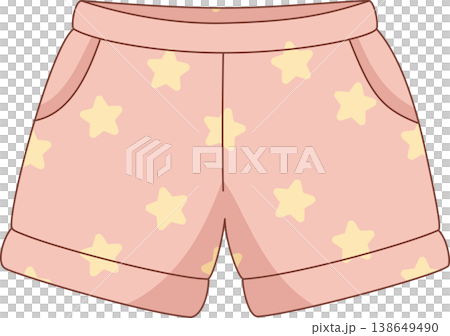 Cute Pink Pajama Shorts with Yellow Star Pattern Illustration, Sweet Sleepwear Trousers for Women and Girls Lounge, Comfort Apparel Isolated Cute Pink Pajama Shorts with Yellow Star Pattern Illustration, Sweet Sleepwear Trousers for Women and Girls Lounge, Comfort Apparel Isolated 138649490