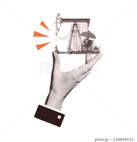 Oil industry and energy business concept. Retro halftone collage of businessman hand holding oil rig pump jack. Vintage pop art vector illustration for fuel market, investment and power control. 138649515
