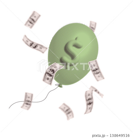Inflation and rising cost concept. Retro paper collage of green dollar balloon flying away with falling banknotes. Vintage pop art vector isolated illustration for economic bubble and lost wealth. Inflation and rising cost concept. Retro paper collage of green dollar balloon flying away with falling banknotes. Vintage pop art vector isolated illustration for economic bubble and lost wealth. 138649516
